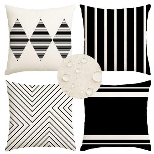 RABUSOFA Housses d'oreiller noires et blanches 18 x 18 pouces Ensemble de 4, Oreillers d'extérieur imperméables Boho Farmhouse Decroaions Coussin...