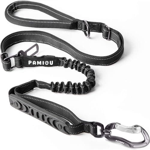 Laisse pour chien Pamiou robuste avec laisse solide pour chiens de taille moyenne à grande, absorbant les chocs avec conception élastique, deux poignées rembourrées et ceinture de sécurité de voiture...