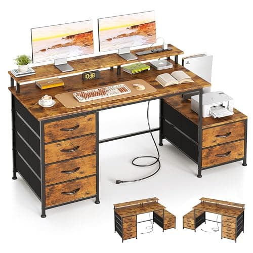 Flrrtenv Flrrtenv 50 Inch Desk with Fabric Drawer, Computer Desk with Printer Cabinet, Industrial Writing Desk with Monitor Stand, Long Study Table...