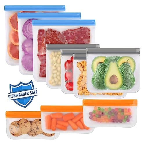Lerine 10 Pack Dishwasher Safe Reusable Freezer Bags, Leakproof Reusable Bags, BPA Free Reusable Snack Bags for Lunch Marinate Food Travel...