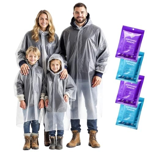 Pack familial imperméable à l'eau de poncho de pluie jetable ZENO - Manteau de pluie avec capuche, paquet de 4 - Pour adultes et enfants, femmes, hommes, filles et garçons - Poncho de voyage...