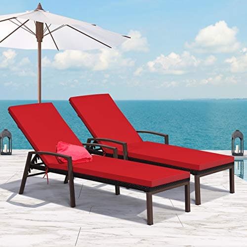 Tangkula 2 PCS Patio Chaise longue en rotin, chaise inclinable d'extérieur avec coussin et accoudoir, chaise longue en osier avec dossier réglable pour...