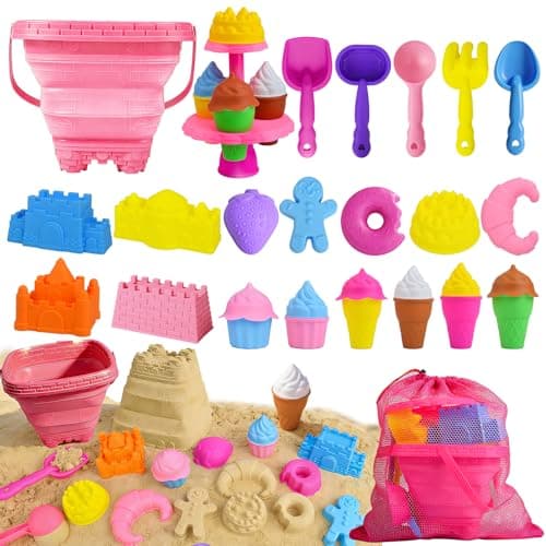 31Pcs Beach Toys, Sandbox Toys Kids Sand Play Set with Castle & Dessert Molds,Collapsible Sand Buckets, Mesh Bag, Soft Plastic Summer Water Pool...