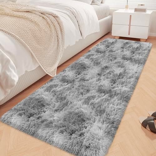JiaoBaba Tapis de salon super doux et moelleux 0,9 x 1,8 m, teint par nœuds, gris clair, tapis à poils longs, lavable, antidérapant, pour chambre à coucher, chevet, chambre d'enfant...