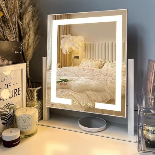 Miroir de maquillage LuxeVue avec lumières – Miroir de courtoisie HD avec 3 modes de couleur, capteur tactile, cadre en métal rotatif à 360°, grossissement 15X amovible de 3,5"...