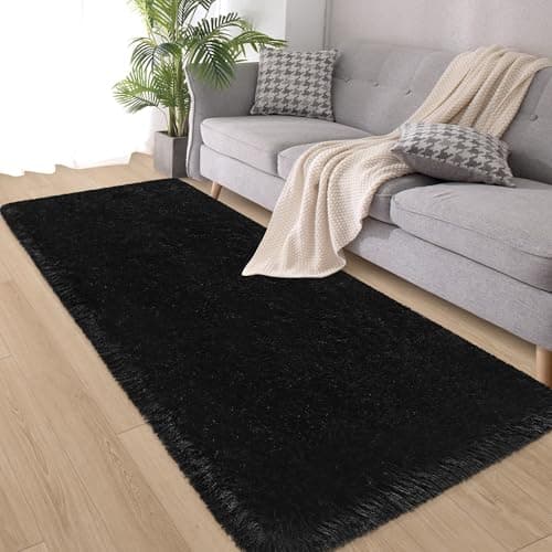 ZJYeRug Tapis de couloir noir pour chambre à coucher, salon, tapis moelleux antidérapant de chevet 2 x 6 pieds, tapis de sol en fausse fourrure en peluche ultra douce pour...