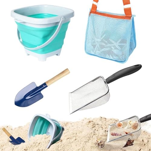 DxJ Beach Toy Mesh Shovel and Mesh Beach Bag Seashell Bag with Foldable Beach Bucket & Shovel for Shells Collecting,Sand Sifter Kids Filter Sand...