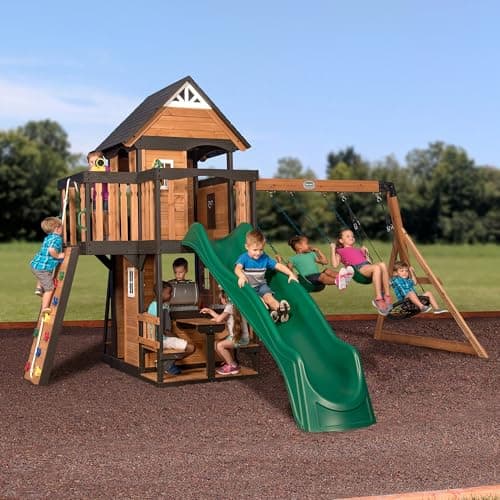 Backyard Discovery Canyon Creek All Cedar Wood Swing Set, Playhouse w/Grill, Plastic Food, Picnic Area, Steering Wheel, Two Belt Swings, Rock...