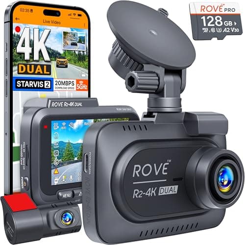 ROVE R2-4K DUAL Dash Cam avant et arrière, capteur STARVIS 2, carte 128 Go GRATUITE incluse, WiFi 5G - jusqu'à 20 Mo/s D...