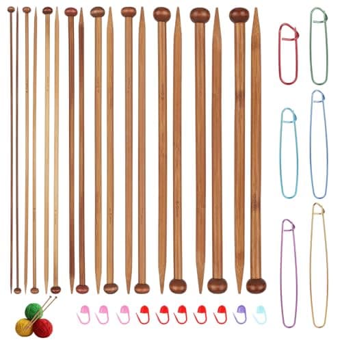 Ensemble d'aiguilles à tricoter en bambou de 9 paires, aiguilles à tricoter en bois longues et droites à pointe unique avec 16 épingles pour les débutants passionnés pulls écharpes...