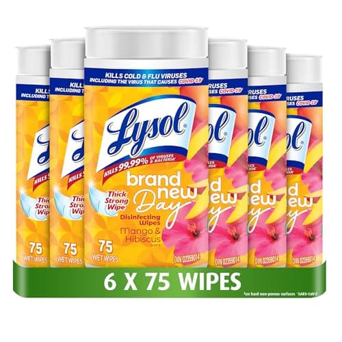 Lysol Disinfecting Wipes, Mango Hibiscus, Thick Strong Wipe, Kills 99.99% of Viruses & Bacteria, Bulk Pack of 6, 450 Count (6 x 75 count)