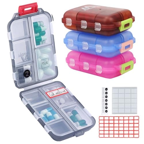 Paquet de 4 piluliers portables, petit organisateur de pilules de voyage hebdomadaire, distributeur de boîte à pilules de poche portable pour sac à main, compartiments d'huile de poisson de vitamine, conteneur...