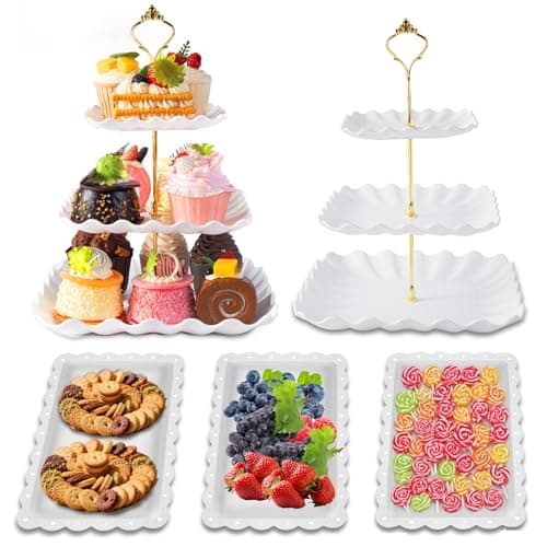5 Pack Dessert Table Display Set, 2 Sets 3 Tier Cupcake Stand, 3 Pcs Food Serving Trays, Tiered White Plastic Cup Cake Tower for Birthday Baby...