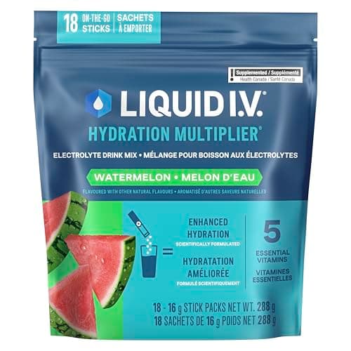 Liquide IV Mélange pour boisson électrolytique multiplicateur d'hydratation - Poudre d'électrolyte d'hydratation améliorée avec vitamines B3, B5, B6, B12 et C -18x en déplacement...