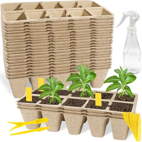 SORANGEUN Biodegradable Seed Starter Trays Kit – 20 Pack with 200 Labels, Transplant Tool & Spray Bottle, 1.8" Square Peat Pots for Seedlings,...