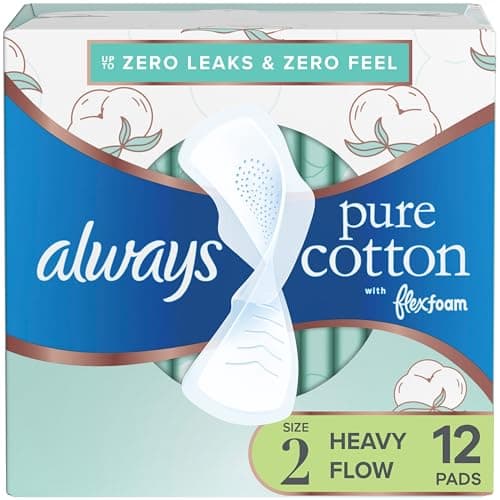 Always Pure Cotton Feminine Pads for Women, FlexFoam Pads with Wings, Size 2, Heavy Absorbency, Unscented, 12Count