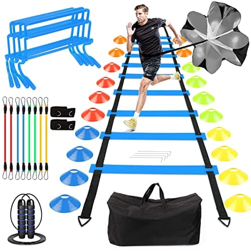 Speed Agility Training Equipment Set, Includes 4 Adjustable Hurdles, Agility Ladder, Leg Resistance Bands, Resistance Parachute, Jumping Rope &...