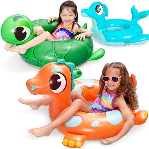Paquet de 3 tubes de piscine gonflables de 32 pouces, flotteurs de piscine, dinosaures, tortues de mer et dauphins, anneaux de natation pour enfants, piscine, plage, fête de flotteur d'eau d'été...