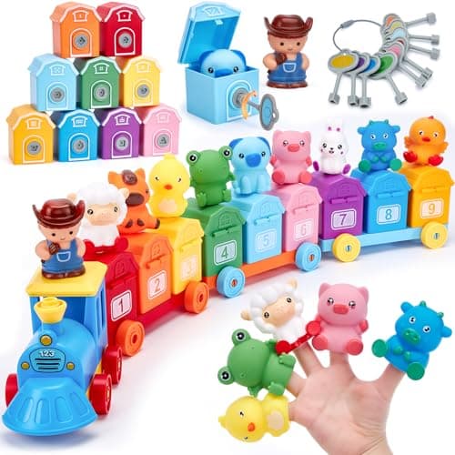 hahaland Ensemble de train de ferme d'apprentissage pour les tout-petits de 1 à 3 ans - Compter, assortir et trier les jouets Montessori, marionnettes à doigts, clés pour verrouiller et...