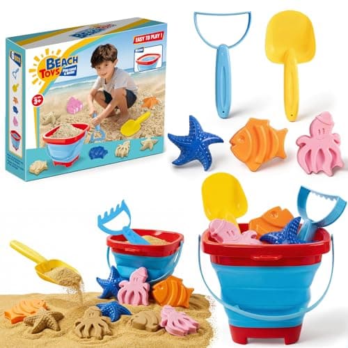 Ensemble de jouets de sable de plage pour les tout-petits, jouets de plage de voyage portables avec seau pliable, pelle, râteau, 3 moules et sac de rangement en maille pour enfants, cadeau d'été
