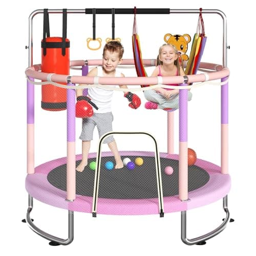 60" Trampoline for Kids, Indoor Outdoor Trampoline with Adjustable Gymnastics Bars, Toddle Trampoline with Safety Enclosure Net Basketball Hoop...
