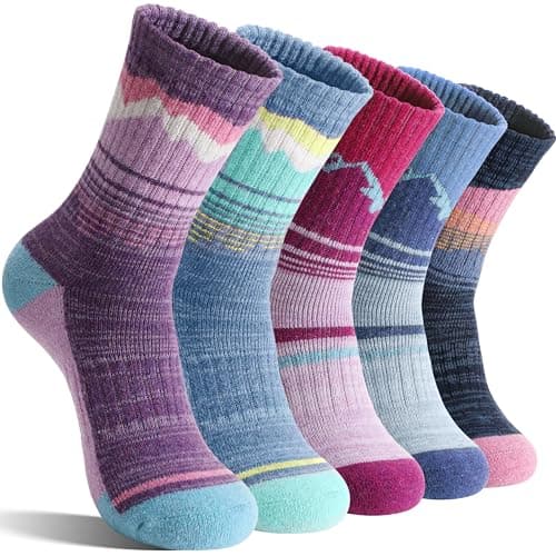 Sandsuced Womens Merino Wool Hiking Socks Thermal Winter Warm Cozy Outdoor Crew Socks 5 Pairs Gift Stocking Stuffers(Purple/Blue/Dark Blue/Rose...
