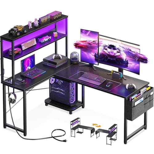 AODK - L-shaped gaming desk with LED light and power outlet, 53 inch reversible L-shaped computer table with shelf and storage bag and hook for...