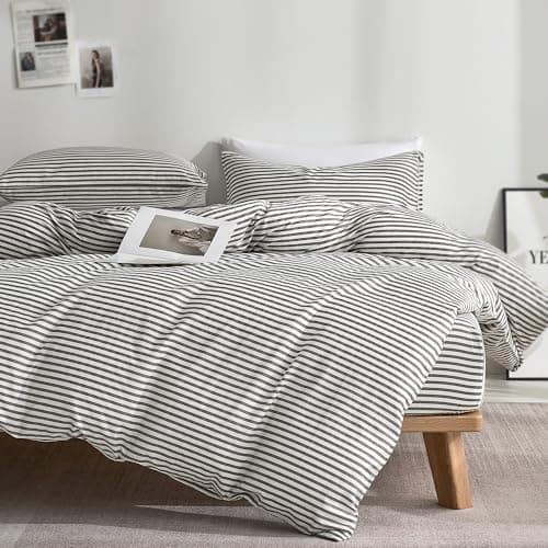 JELLYMONI 100% Natural Cotton 3pcs Striped Duvet Cover Sets,White Duvet Cover with Grey Stripes Pattern Printed Comforter Cover,with Zipper Closure...