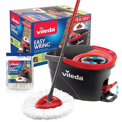 Vileda EasyWring Spin Mop System avec 1 recharge de tête supplémentaire | Tête de vadrouille lavable en machine et réutilisable | Seau à essorer mains libres | Extensible...