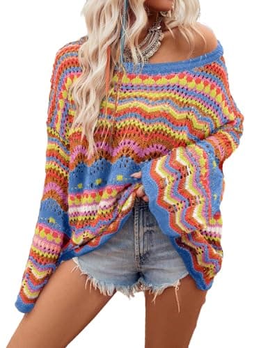 Floerns Women Oversized Sweater Color Contrast Hollow Crochet Pullover Knit Loose Long Sleeve Tops,Multicolor,Medium
