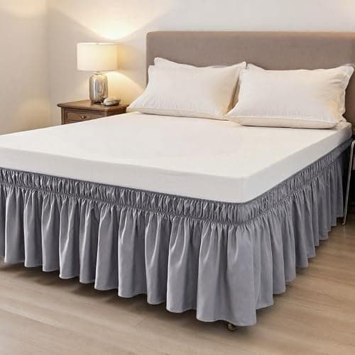 Luxurious Wrap Around Elastic Solid Ruffled Bed Skirt, with 16 Inch Tailored Drop - Easy Fit, Premium Quality Wrinkle and Fade Resistant (Grey,...