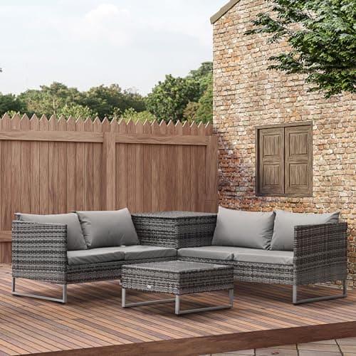 Ensemble de meubles de patio Outsunny 4 pièces, canapé sectionnel d'extérieur en rotin avec fonction de rangement, table basse avec plateau en verre pour jardin, porche, bord de piscine,...