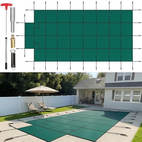 VEVOR Pool Safety Cover Fits 20x40ft Rectangle Inground Safety Pool Cover Green Mesh with 4x8ft Center End Steps Solid Pool Safety Cover for...