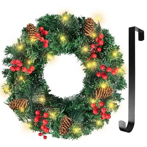 Fohil 16 Inch Christmas Wreath, Pre-Lit Christmas Garlands 30 LEDs Lights 8 Modes Xmas Door Decoration with Pine Cones, Berry Clusters,Metal Hanger...