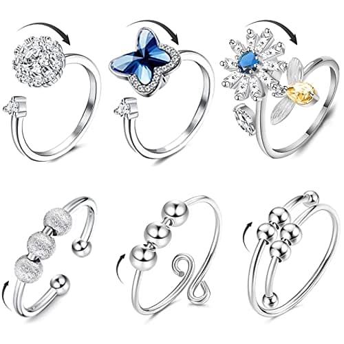 Emperoch 6 pièces bague anti-anxiété pour femmes, anneaux d'anxiété Fidget en cuivre, anneaux réglables avec perles, anneau de bande, perles rondes géométriques, fleurs d'abeille...