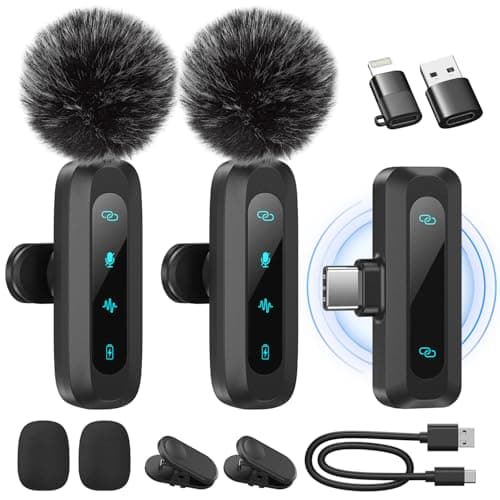 Wireless Lavalier Microphone for iPhone, iPad, Android Phone，2-Pack Mini Microphone with Noise Reduction, Auto Pairing and Mute & Reverb for...
