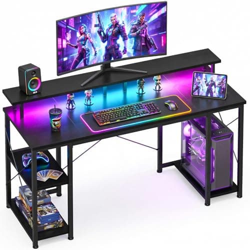 ODK Gaming Desk with Led Lights & Power Outlet, 48 Inch Gaming Computer Desk with Storage Shelves, PC Desk with Monitor Stand, Gamer Desk Table for...