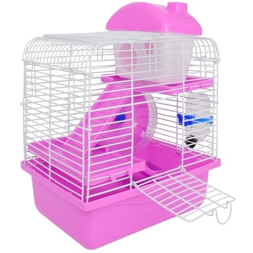 GKYMYZ Cage pour hamster, cages et habitats pour hamster, 22,9 x 17,8 x 25,4 cm, avec hangar, roue d'exercice, bouteille d'eau, assiette de nourriture, toboggan (rose)