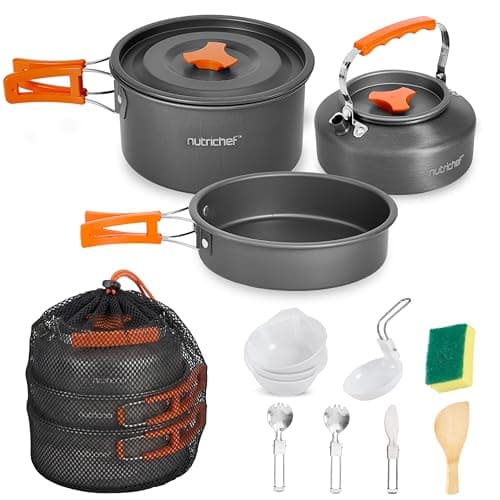 Batterie de cuisine de camping – Ensemble de casseroles et poêles de camping antiadhésives légères avec ustensiles, bols et couverts, batterie de cuisine de randonnée empilable avec...
