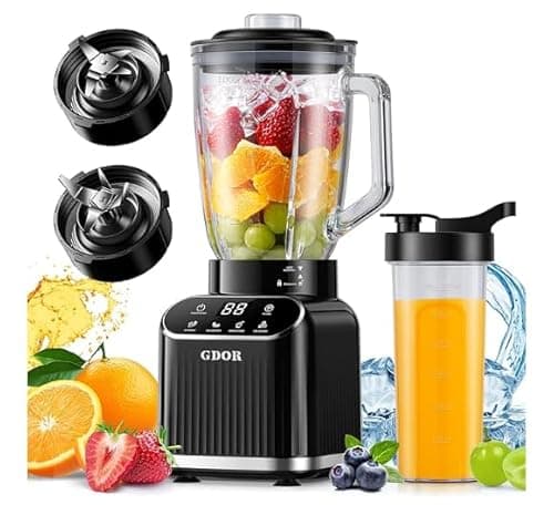 GDOR Mélangeur professionnel 1200 W 5 programmes Mélangeur à smoothie Pot en verre de 52 oz et tasse à emporter de 24 oz Mélangeurs en verre de comptoir combinés pour smoothies, shakes,...