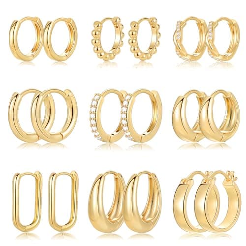 Ensemble de 9 paires de boucles d'oreilles créoles épaisses en or/argent pour femmes, petite boucle d'oreille Huggie Hoop plaquée or 14 carats hypoallergénique...