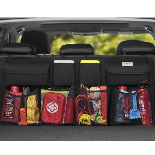 Organisateur de coffre de voiture SURDOCA, 3e génération [mise à niveau 7 fois] Organisateur de voiture de grande capacité, équipé de [filet élastique robuste et 3 bâtons magiques] coffre de voiture...