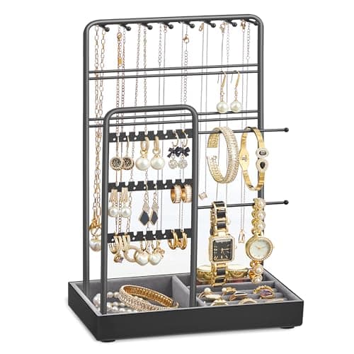 SONGMICS Jewelry Holder, Jewelry Organizer, Jewelry Display Stand with Metal Frame, Ink Black UJJS021B01