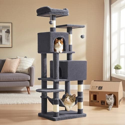 Feandrea Cat Tree, 61-Inch Cat Tower for Indoor Cats, Plush Multi-Level Cat Condo with 5 Scratching Posts, 2 Perches, 2 Caves, Hammock, 2 Pompoms,...