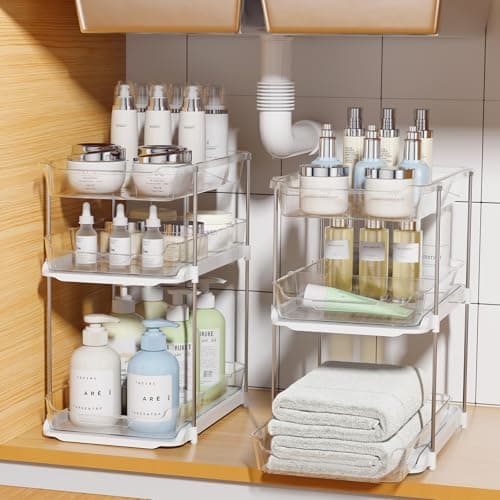 Delamu 2 ensembles d'organisateurs et de rangement sous évier de salle de bain à 3 niveaux, organisation et rangement de garde-manger empilables polyvalents, cuisine transparente coulissante...