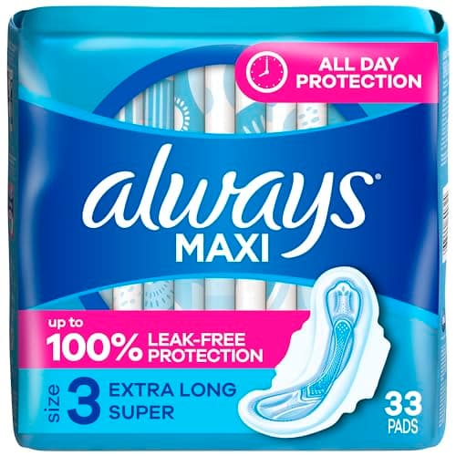 Always Maxi Serviettes féminines avec ailes pour femme, taille 3, super absorption extra longue, non parfumées, protection jusqu'à 100 % sans fuite, 33 pièces