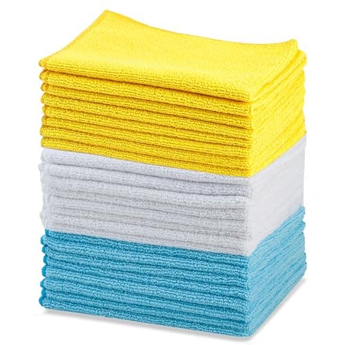 Amazon Basics Microfiber Cleaning Cloths, Lint Free, Absorbent, Streak Free, Non-Abrasive, Reusable and Washable, Pack of 24, Blue/White/Yellow,...