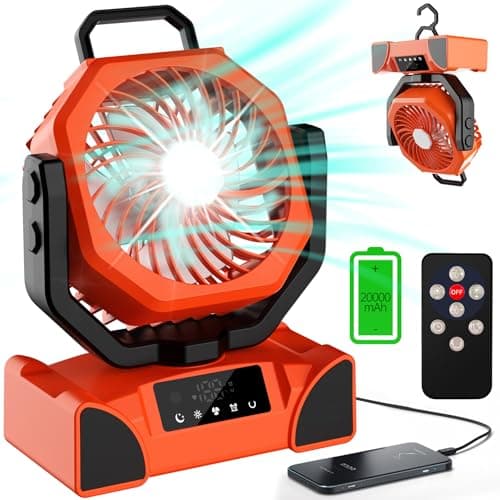 Ventilateur de camping portable TOPPORTED 20 000 mAh rechargeable, ventilateurs de tente à piles avec lanterne LED, 5 vitesses de vent, 4 modes de minuterie, ventilateur de bureau pour...