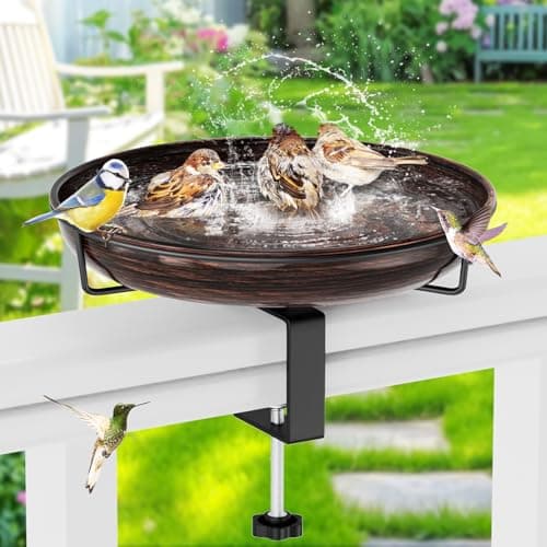 ODSNANIE Deck Mounted Metal Bird Bath for Outside, Detachable Birdbath Bowl with Adjustable Steel Clamp, Outdoor Bird Feeder for Railing Balcony...