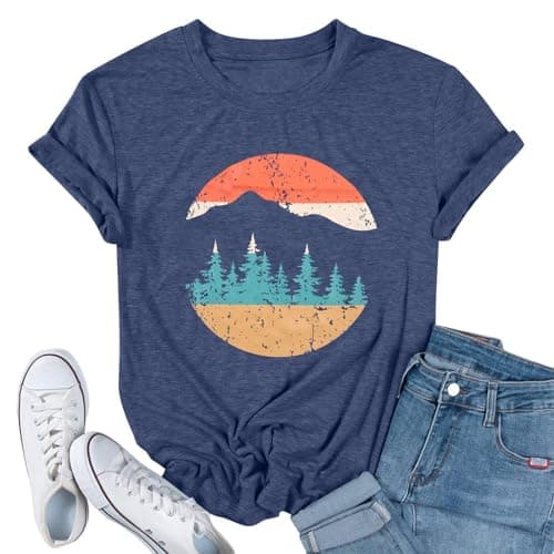 DUTUT Adventure T-Shirt Femme Randonnée en Montagne Chemise d'entraînement Sunrise Graphic Tees Casual Manches Courtes Camping Voyage Tops Bleu